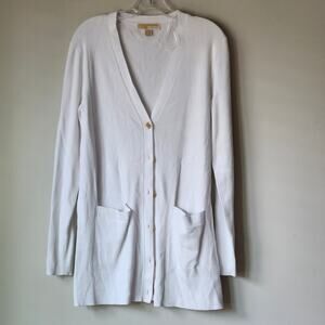 Michael Kors Ribbed Knit V Neck Fitted Button Up Cardigan White XL A0054